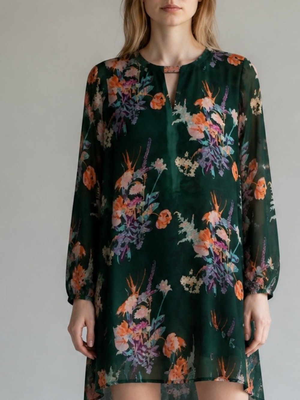 World Market long sleeve dress, size S-M. Hunter green with florals.